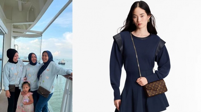 Sus Rini, pengasuh Rayyanza liburan di kapal pesiar. (Kolase Instagram/riniperdiyanti dan id.louisvuitton.com)