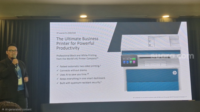 Salah satu printer pintar HP tampil di agenda HP Elevate 2026, di Jakarta, Kamis (25/6/2026). [Suara.com/Dythia]