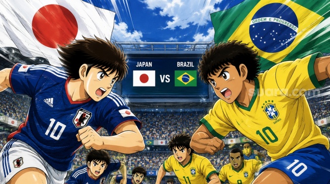Fenomena Captain Tsubasa kembali ramai diperbincangkan jelang duel Jepang vs Brasil di babak 32 besar Piala Dunia 2026. [Suara.com/AI]