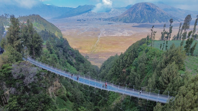 Foto udara sejumlah wisatawan mengunjungi Jembatan Kaca Seruni Point Bromo di Kabupaten Probolinggo, Jawa Timur, Sabtu (27/6/2026). [ANTARA FOTO/Irfan Sumanjaya/hma]