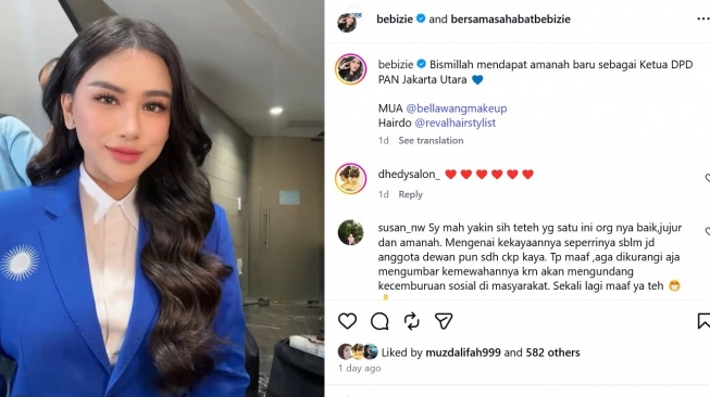 Bebizie pamer jabatan baru sebagai Ketua DPD PAN Jakarta Utara. Namun postingannya di media sosial mendapat kecaman, karena hanya pamer penata rias dan penata rambut. [Instagram]