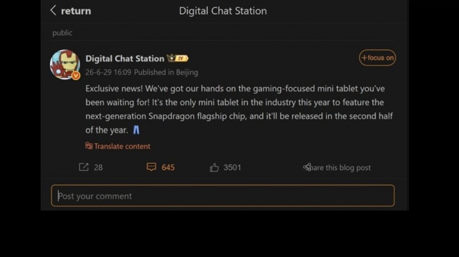Bocoran tablet gaming iQOO. [Weibo]