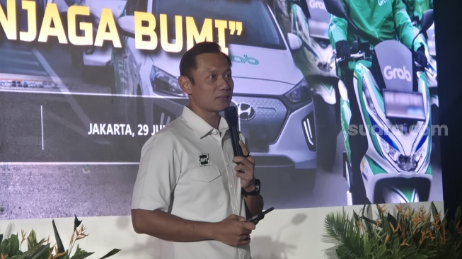 Menko Bidang Infrastruktur dan Pembangunan Kewilayahan, Agus Harimurti Yudhoyono (AHY) dalam agenda Langkah Hijau Grab untuk Indonesia di Jakarta, Senin (29/6/2026). [Suara.com/Dythia]