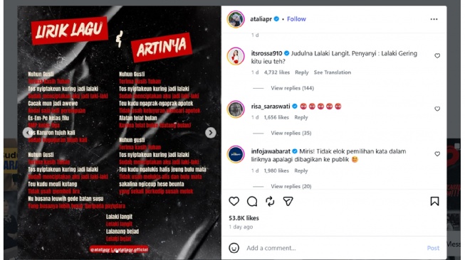 lagu lalaki langit lalanang bejat disindir Rossa (IG/ataliapr)