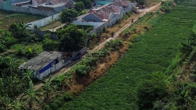 Foto udara tanaman eceng gondok yang memenuhi Kali Blencong di Tarumajaya, Kabupaten Bekasi, Jawa Barat, Senin (6/7/2026). [ANTARA FOTO/Darryl Ramadhan/nz]