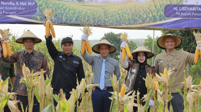 [Ki-Ka] Asisten Deputi Peningkatan Daya Saing Produk Pangan, Kus Prisetiahadi, S.Pi, M.Sc.PhD; Kepala Desa Ronosentanan, Agung Priyanto; Wakil Menteri Koordinator Bidang Pangan, Dr. Hanif Faisol Nurofiq; Plt. Bupati Ponorogo, Hj. Lisdyarita; dan Aditia Rusmawan, Agriculture Affairs and Licence to Operate Lead Bayer Crop Science Indonesia, mengikuti panen raya jagung di lahan demo benih jagung hibrida Dekalb DK19C sebagai bagian dari kolaborasi pemerintah, sektor swasta, dan petani untuk meningkatkan produktivitas jagung dan mendukung ketahanan pangan nasional di Ponorogo, Jawa Timur (5/7). [hanodut]
