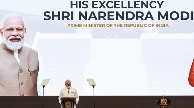 Perdana Menteri (PM) India Narendra Modi menyampaikan pidato saat kunjungan kenegaraan di Kompleks Parlemen, Senayan, Jakarta, Selasa (7/7/2026). [ANTARA FOTO/Dhemas Reviyanto/sgd]