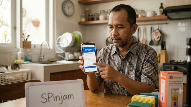 Ilustrasi seorang pria sedang pinjam uang lewat Shopee (Gemini AI)