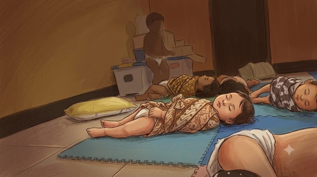 Ilustrasi anak-anak Little Aresha yang diikat (Gemini AI)