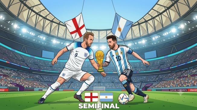 Statistik Inggris vs Argentina jelang semifinal Piala Dunia 2026. Simak rekor Kane-Bellingham, Lionel Messi, head to head, hingga prediksi Opta. [Dok. GeminiAI]