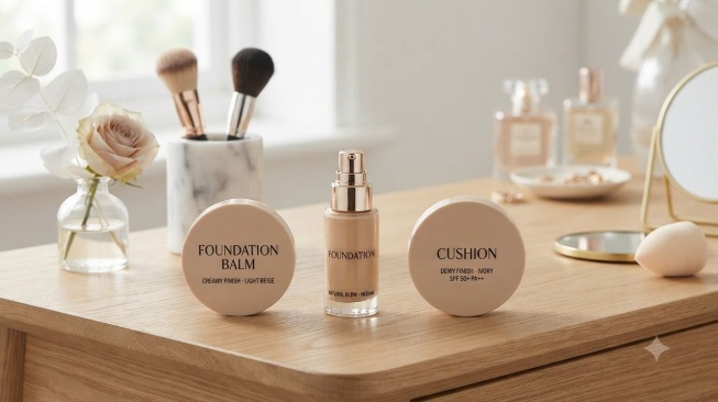Ilustrasi Foundation Balm, Foundation, dan Cushion. (Gemini AI)