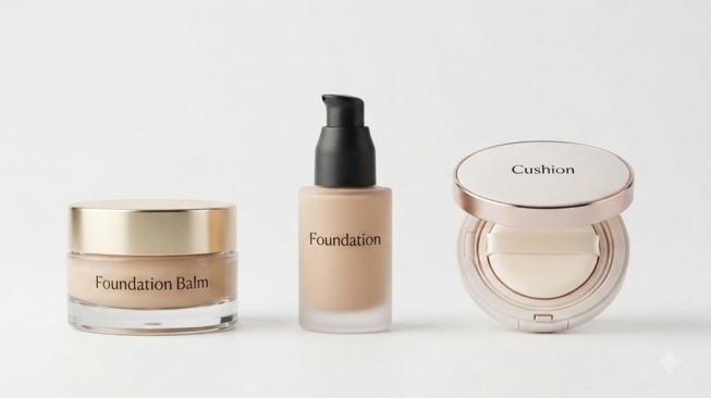 Ilustrasi Foundation Balm, Foundation, dan Cushion. (Gemini AI)
