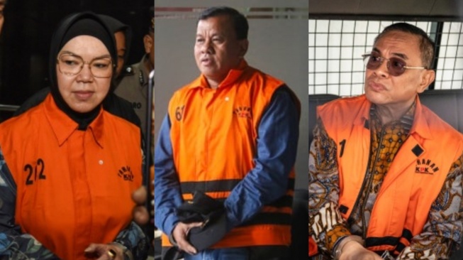 Kolase foto kepala daerah yang terjerat kasus korupsi: Bupati Sukoharjo Etik Suryani, Bupati Kuansing Suhardiman Amby dan Bupati Pati Sudewo. [Suara.com/Yasir]