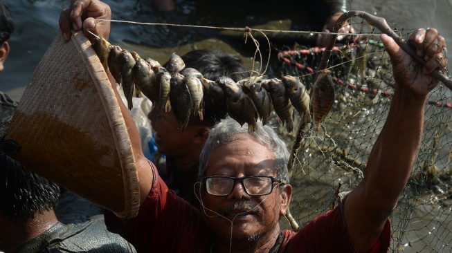 Warga mengangkat hasil tangkapan ikan saat Festival Memet Ikan 2026 di Gemblegan, Kalikotes, Klaten, Jawa Tengah, Minggu (19/7/2026). [ANTARA FOTO/Aloysius Jarot Nugroho/hma]