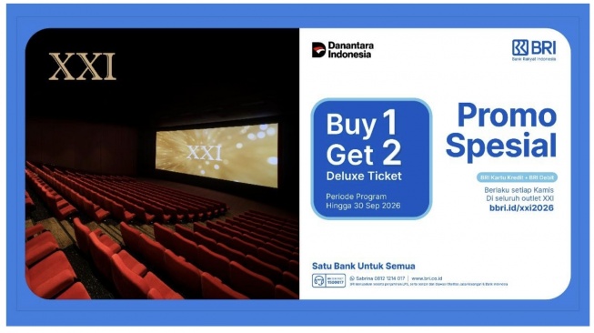 BRI menghadirkan promo Buy 1 Get 2 Tiket Deluxe di XXI setiap Kamis bagi pengguna BRI Debit ataupun BRI Kartu Kredit. (Dok: BRI)