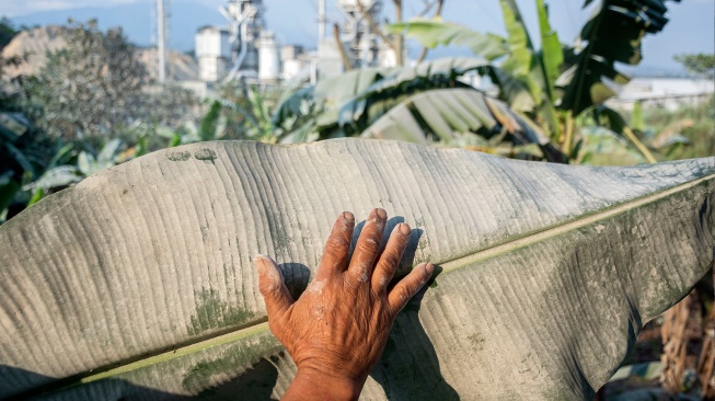 Warga menunjukkan daun pisang yang tertutup debu di Cipatat, Kabupaten Bandung Barat, Jawa Barat, Senin (20/7/2026). [ANTARA FOTO/Abdan Syakura/nz]