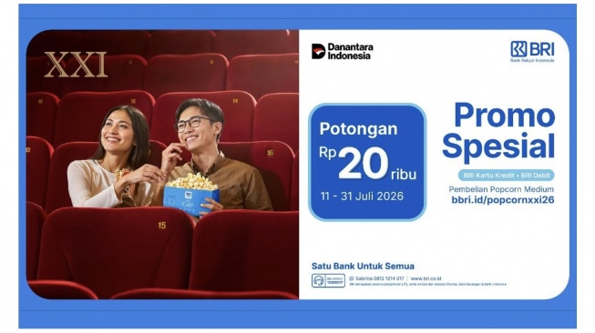 BRI menghadirkan promo potongan Rp 20.000 untuk pembelian Popcorn Medium di XXI bagi pengguna BRI Debit ataupun BRI Kartu Kredit. (Dok: BRI)