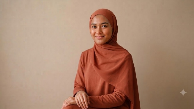 Perempuan kulit sawo matang pakai jilbab warna terracotta (gemini AI)