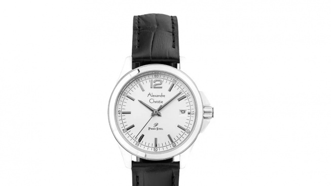  Alexandre Christie Primo Steel AC 1031 LD LSSSL Ladies Silver Dial Black Leather Strap