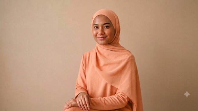 Perempuan kulit sawo matang pakai jilbab warna soft peach (gemini AI)