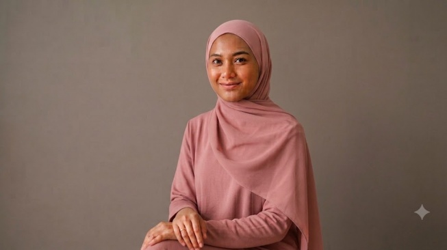 Perempuan kulit sawo matang pakai jilbab warna dusty pink (gemini AI)