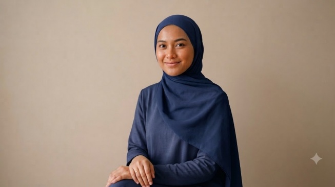 Perempuan kulit sawo matang pakai jilbab warna navy (gemini AI)