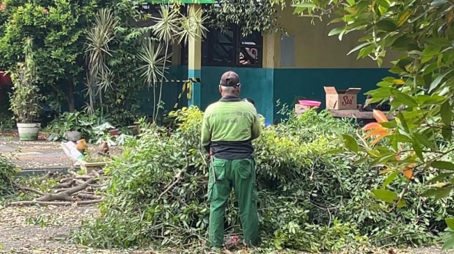 Penebangan pohon di sisi kanan bangunan SDN Kebayoran Lama Selatan 09 pada Rabu (22/7/2026). [Suara.com/Adiiyoga]