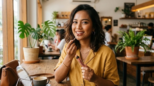 Ilustrasi perempuan pakai lip cream warna cokelat oranye (Gemini AI)