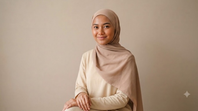 Perempuan kulit sawo matang pakai jilbab warna nude (gemini AI)