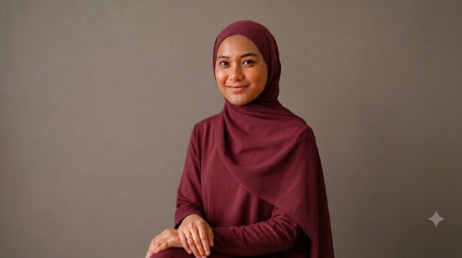 Perempuan kulit sawo matang pakai jilbab warna burgundy (gemini AI)