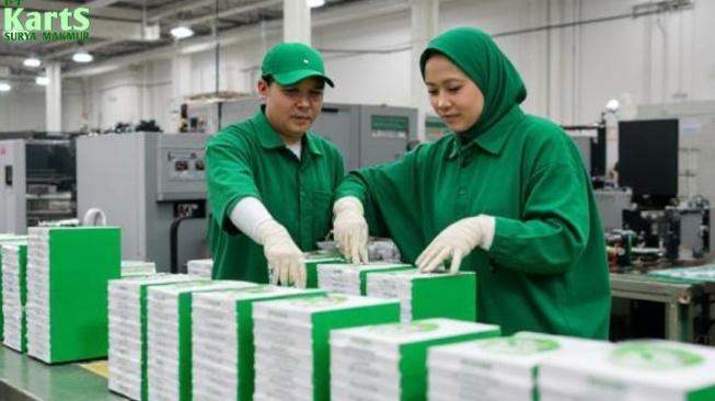 Dua pekerja sedang mengatur box  produk. [Sumber: Canva]
