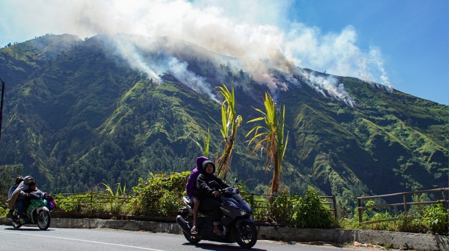Pengendara melintas dengan latar belakang hutan perbukitan yang terbakar di kawasan Perhutani RPH Sukapura, Blok Gunung Ringgit, Desa Sapikerep, Kecamatan Sukapura, Kabupaten Probolinggo, Jawa Timur, Sabtu (25/7/2026). [ANTARA FOTO/Irfan Sumanjaya/agr]