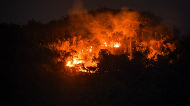 Api membakar hutan di Gunung Jati, Desa Jatisari, Kecamatan Kutawaringin, Kabupaten Bandung, Jawa Barat, Senin (27/7/2026). [ANTARA FOTO/Raisan Al Farisi/tom]