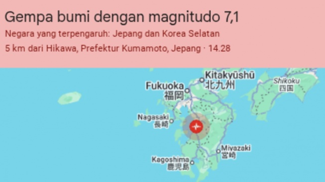 Gempa magnitudo 7,1 guncang Kumamoto Jepang dan memicu peringatan tsunami setinggi satu meter. (Google)