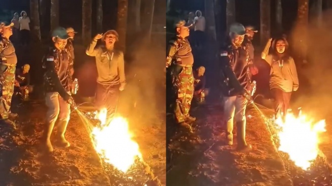 Calon pegawai BPJS Ketenagakerjaan mengikuti pelatihan fire walk atau berjalan tanpa alas kaki di atas api. [Suara.com/Instagram]