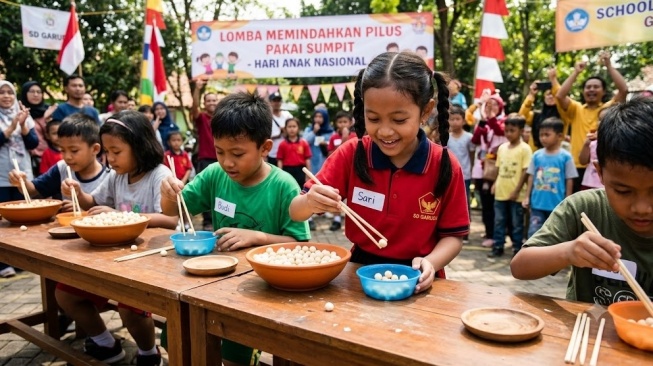 ilustrasi lomba memindahkan pilus pakai sumpit (Gemini AI)