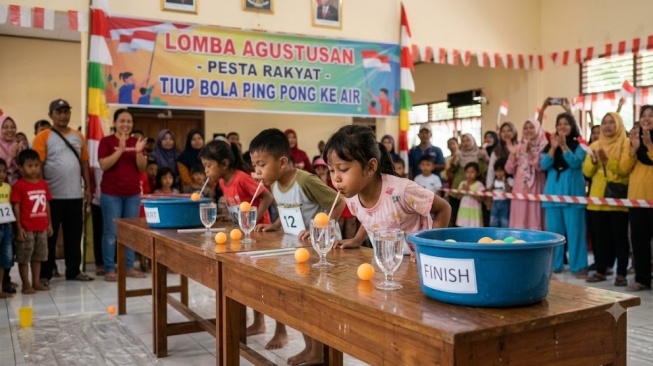Ilustrasi lomba tiup bola ping pong di atas air (Gemini AI)