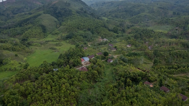 Foto udara perkampungan transmigran Sungai Bermas di Kerinci, Jambi, Senin (3/8/2026). [ANTARA FOTO/Wahdi Septiawan/agr]