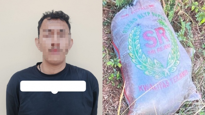 Kolase foto tersangka Saepul (26) dan jasad korban Kunaefi (51) terbungkus karung. [Suara.com/istimewa]