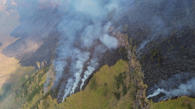 Foto udara asap mengepul dari kawasan Blok Bantengan, Taman Nasional Bromo Tengger Semeru (TNBTS), Kabupaten Probolinggo, Jawa Timur, Selasa (4/8/2026). [ANTARA FOTO/Irfan Sumanjaya/tom]
