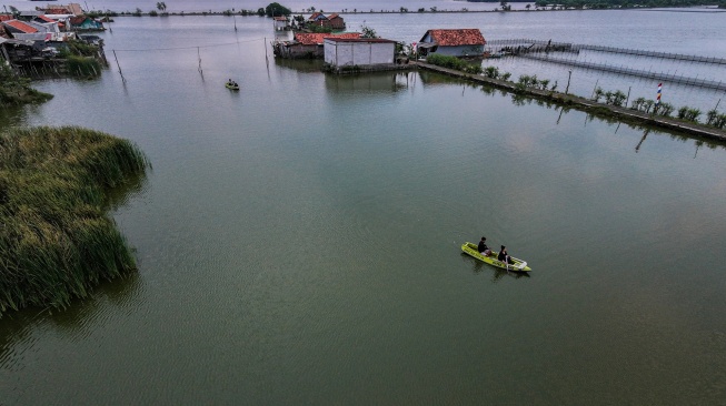 Foto udara wisatawan menaiki perahu kano menikmati suasana matahari tenggelam di area persawahan terdampak rob di Kandang Panjang, Kota Pekalongan, Jawa Tengah, Rabu (5/8/2026). [ANTARA FOTO/Harviyan Perdana Putra/foc]

