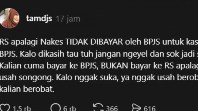 Cuitan Tamara Jasmine Soal Pasien BPJS (Threads)