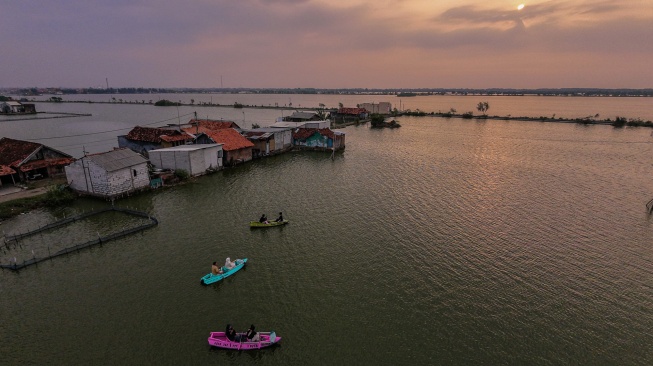 Foto udara wisatawan menaiki perahu kano menikmati suasana matahari tenggelam di area persawahan terdampak rob di Kandang Panjang, Kota Pekalongan, Jawa Tengah, Rabu (5/8/2026). [ANTARA FOTO/Harviyan Perdana Putra/foc]