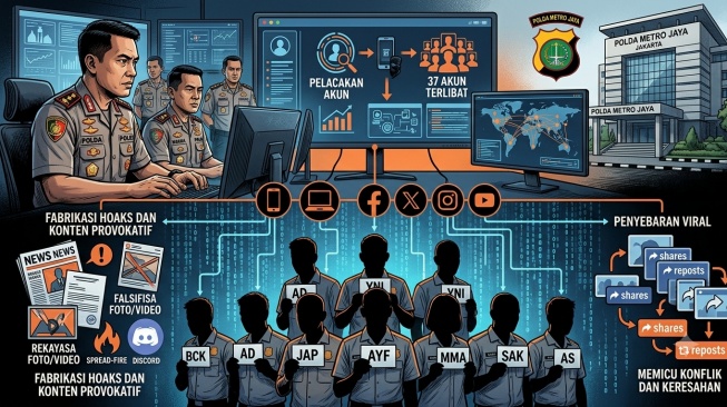 Infografis kasus dugaan praktik jasa produksi dan penyebaran konten provokatif serta berita bohong (hoaks) di media sosial sepanjang Agustus 2026 yang diungkap Polda Metro Jaya. [Suara.com]