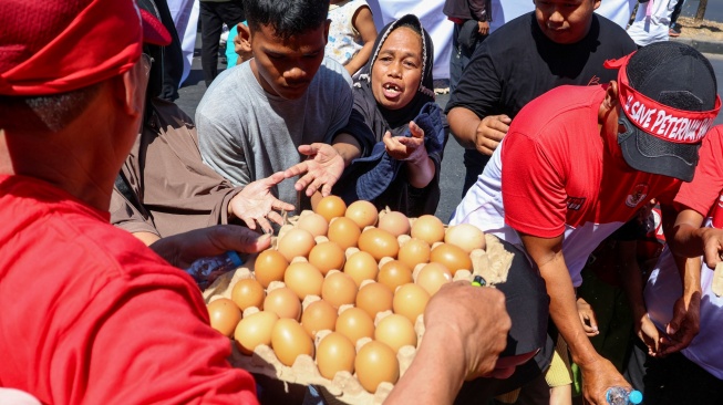 Warga berebut telur yang dibagikan saat aksi damai Peternak Rakyat Sulawesi di depan kantor Gubernur Sulawesi Selatan, Makassar, Sulawesi Selatan, Senin (10/8/2026). [ANTARA FOTO/Arnas Padda/foc]