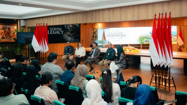 Talk show dalam acara kolaborasi Garuda Indonesia dan InJourney untuk peningkatan inbound connectivity di Gedung Sarinah, Jakarta, Selasa (11/8/2026).(Dok: InJourney)