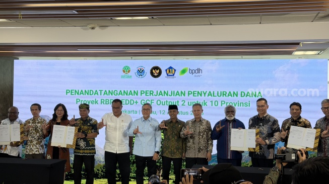 Konferensi pers BPDLH Kemenkeu di Jakarta, Rabu (12/8/2026). [Suara.com/Dicky Prastya]