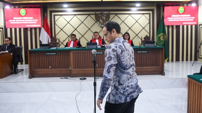Terdakwa kasus dugaan korupsi pengadaan Chromebook dalam program digitalisasi pendidikan di Kemendikbudristek Nadiem Anwar Makarim menjalani sidang banding atas vonisnya di Pengadilan Tinggi DKI Jakarta, Jakarta, Rabu (12/8/2026). [ANTARA FOTO/M Risyal Hidayat/hma]