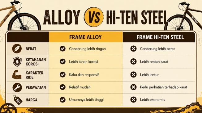 Perbedaan sepeda frame alloy dan hi-ten steel. [ChatGPT]