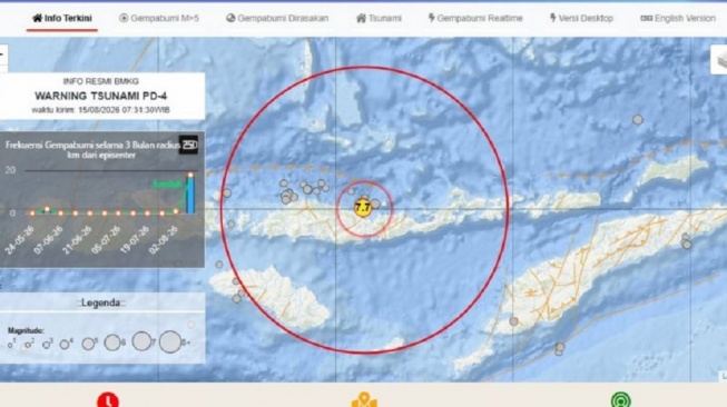 Peta BMKG menunjukkan gempa bumi magnitudo 7,7 yang terjadi pada Sabtu (15/8) pukul 05.58 WITA di wilayah Pulau Flores, Nusa Tenggara Timur. BMKG sempat mengeluarkan peringatan dini tsunami yang kemudian dinyatakan telah berakhir. (ANTARA/HO-BMKG NTT)